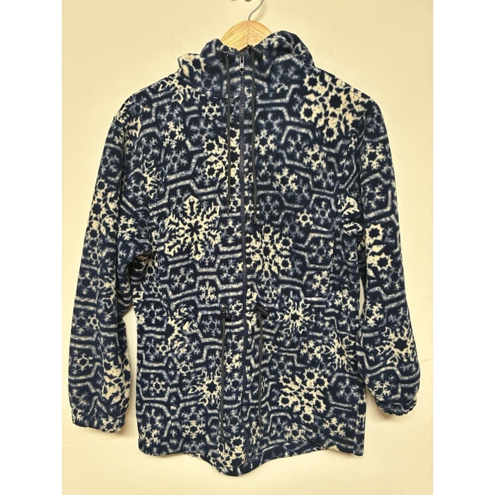 LL Bean Fleece Jacket Women’s Small Vintage Blue And White Snowflake Hoodie USA